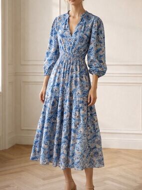 Madison Mathews Blue Floral Midi Dress Smocked Waist Boho V-Neck Balloon Sleeve